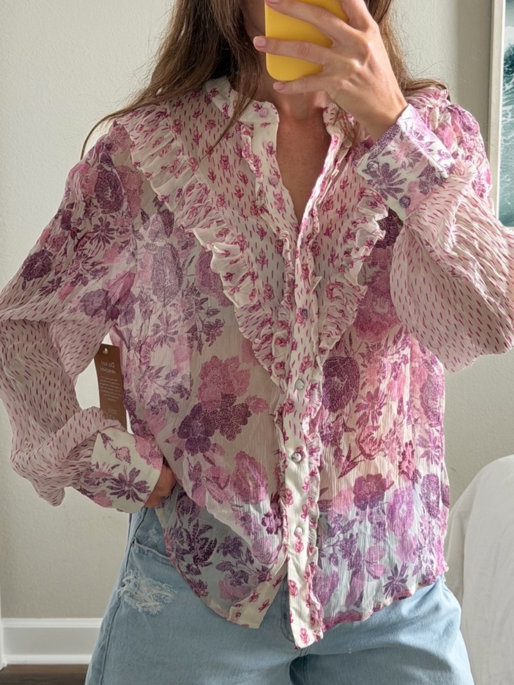 HEMANT & NANDITA Pink Floral Ruffle Button-Front Blouse